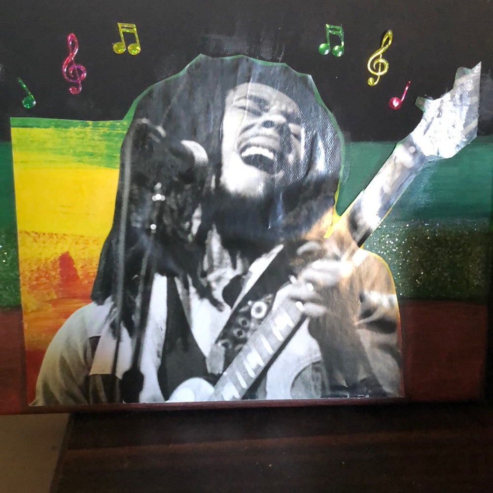 Bob Marley...hand painted back drop on black canvas